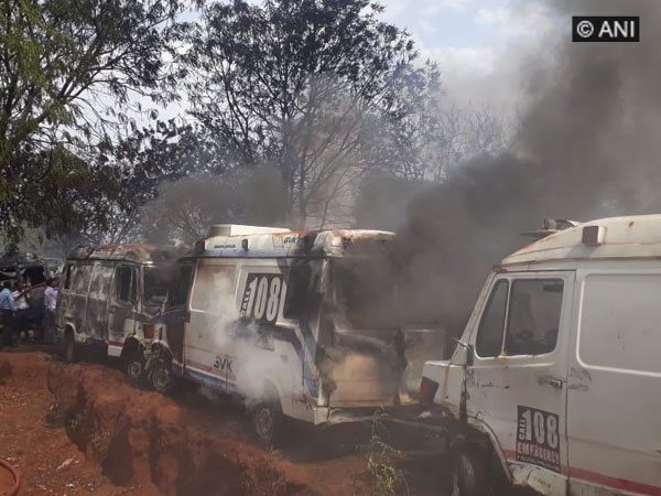 Visuals of the fire incident in GVK EMRI parking place, Hyderabad. Photo/ANI