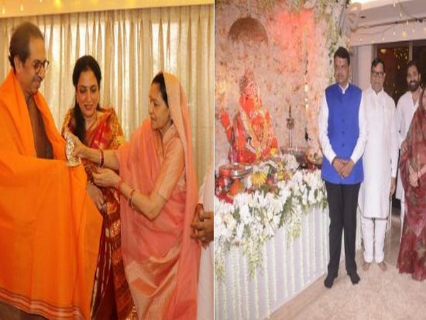 Maharashtra CM Devendra Fadnavis and Shiv Sena chief Uddhav Thackeray on Tuesday visited the residence of Congress leader Kripashankar Singh to offer prayers to Lord Ganesh. Photo/ANI