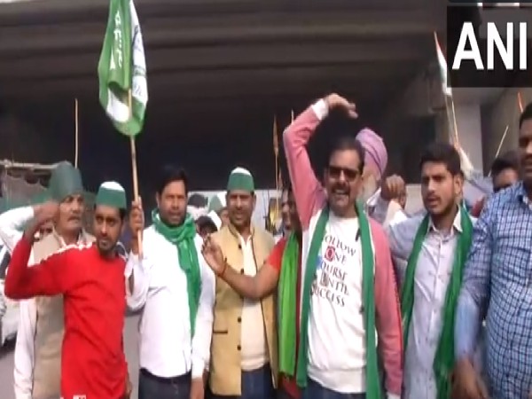 Visual of farmers celebrating at Gazipur border (Photo/ANI) 