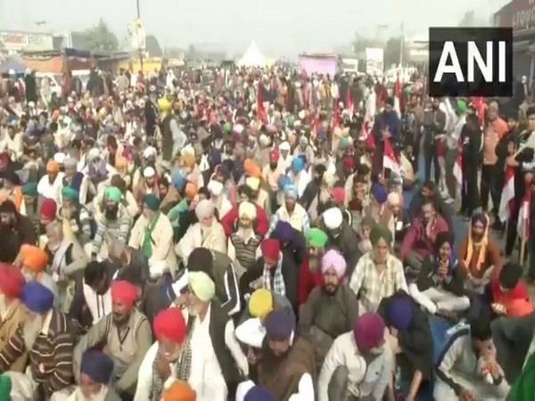 A visual of the farmers' protest at Delhi border on Saturday. Photo/ANI