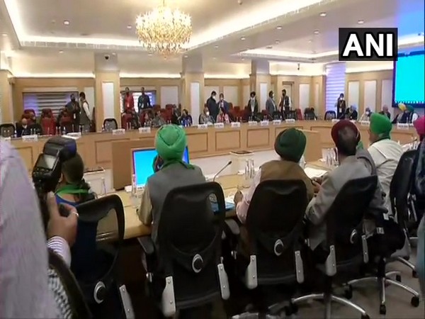 A visual of meeting between central govt and farmer leaders at Vigayn Bhawan in New Delhi on Saturday. (Photo/ANI)