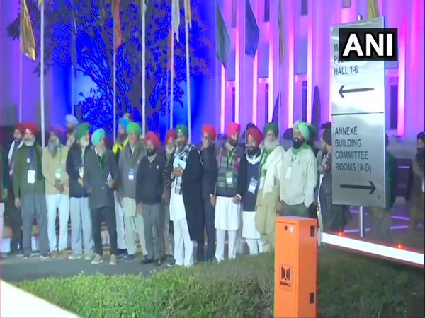 Farmer leaders outside Vigyan Bhawan in New Delhi on Wednesday. (Photo/ANI)