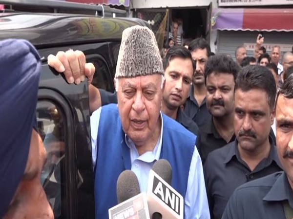 National Conference President Farooq Abdullah while talking to media on Monday. Photo/ANI