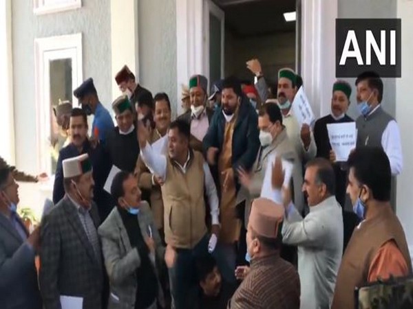Visual of protest outside Himachal Pradesh Governor's office (Photo/ANI)
