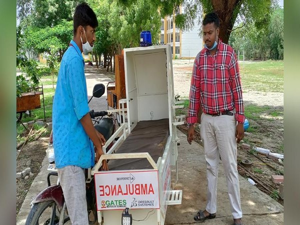 Two students of GATES Engineering College, Gooty, Andhra Pradesh, have developed an affordable two-wheeler ambulance. (Photo/ANI)