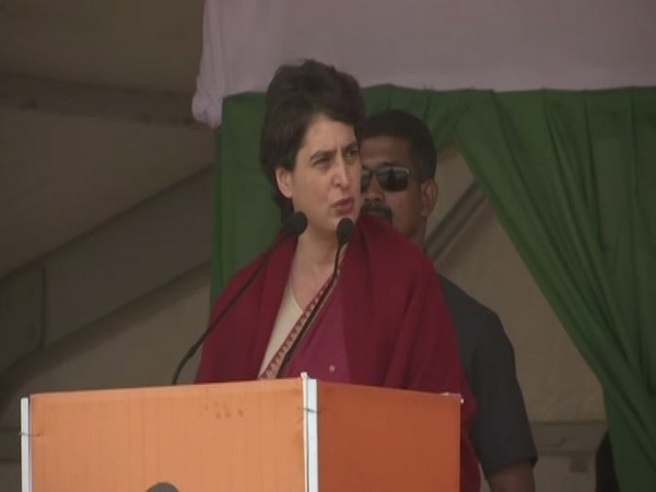 Congress leader Priyanka Gandhi Vadra addressing an election rally in Pakur on Wednesday. Photo/ANI