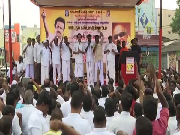 DMK President MK Stalin stages a protest in Kanchipuram in Tamil Nadu on Tuesday. Photo/ANI