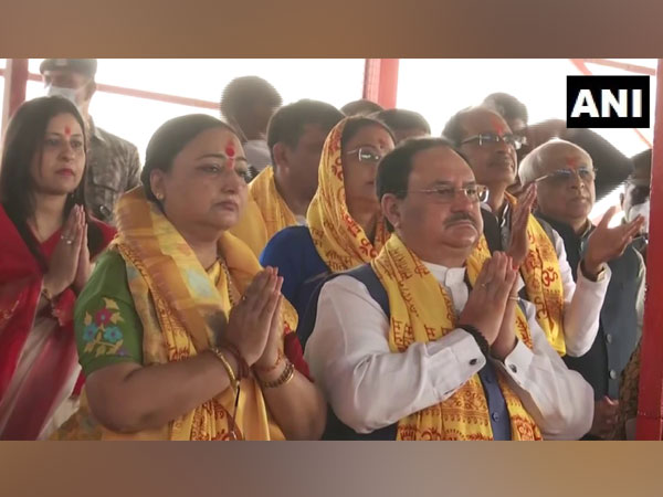 BJP National President JP Nadda offering prayers at Ram temple construction site today (Photo/ANI)