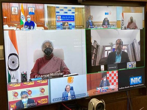 Union Finance Minister Nirmala Sitharaman in a virtual meeting with Chairmen & Managing Directors of PSBs on Friday. (photo/PIB)
