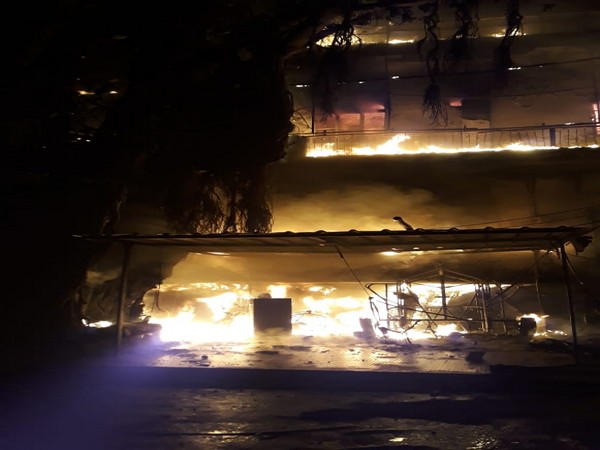 A massive fire broke out at a showroom situated on the first and second floors of a building in Moti Nagar on Saturday. (Photo/ANI)