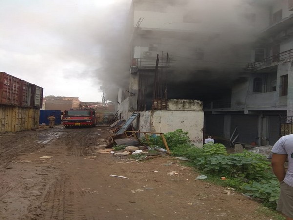 A fire broke out at a godown in Okhla Phase 1, Delhi today morning. (Photo/ANI)