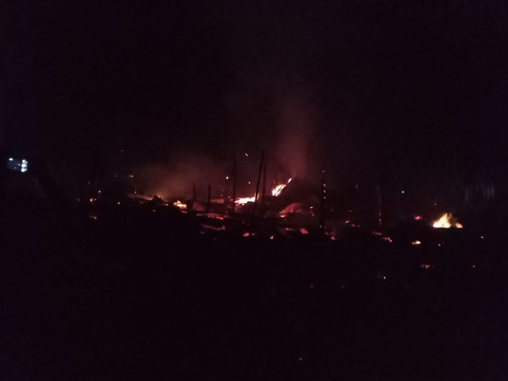 Fire breaks out in Gandhi Merket at Tezu, Arunachal Pradesh last night. Photo/ANI