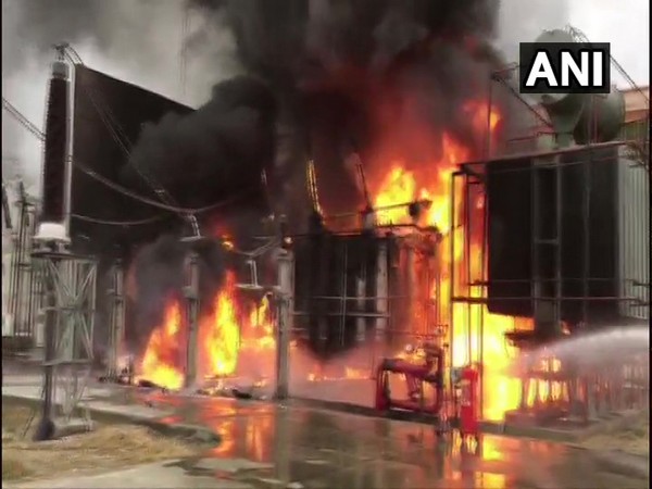 Fire tenders have reached the spot and efforts are in to control the fire at NPCL substation in Greater Noida. (Photo: ANI)