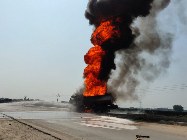 Oil tanker catches fire after a clash with a dumper on Thursday. Photo/ANI