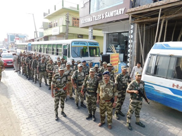 CISF personnel during the flag march in Jind on Wednesday. Photo/ANI