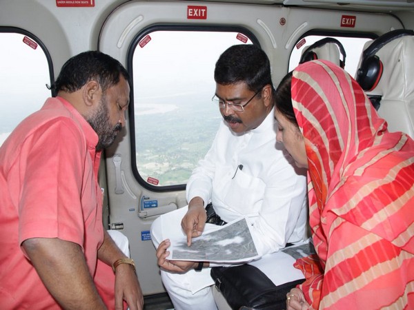 Union Minister for Petroleum and Natural Gas Dharmendra Pradhan conducting aerial survey of flood-hit areas in Odisha on Saturday along with two BJP MPs.