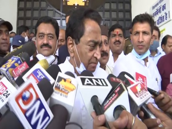 Former Madhya Pradesh Chief Minister Kamal Nath interacting with media on Monday.