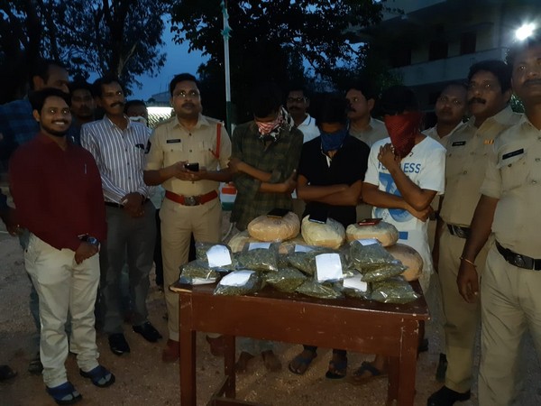 The accused students with seized ganja in Vizianagaram, Andhra Pradesh.