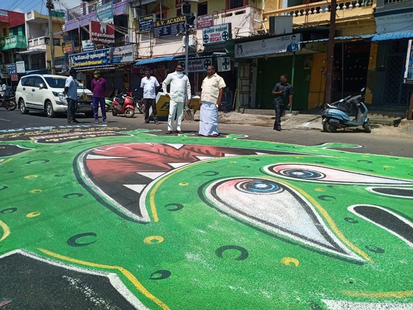 Coronavirus theme painting on roads in Puducherry [Photo/ANI]
