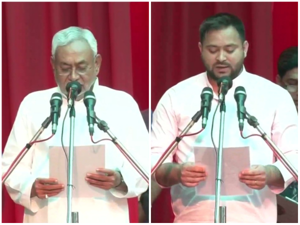 JD(U)'s NItish Kumar and RJD's Tejashwi Yadav at their oath ceremony at Raj Bhavan in Patna (Photo/ANI)