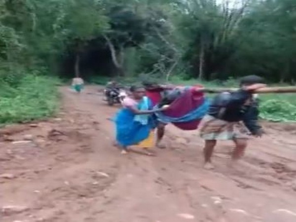 The pregnant woman being carried in a cloth cradle by her husband and another villager in Burgur village, Erode, in Tamil Nadu on Tuesday. Photo/ANI