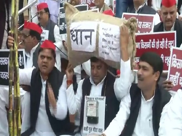 Samajwadi party leaders staged protest on Tuesday in Lucknow in Uttar Pradesh Assembly. Photo/ANI