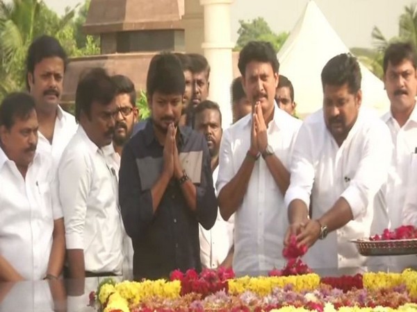 DMK youth wing President Udayanidhi Stalin (in black shirt) visited Karunanidhi's memorial on Wednesday in Tamil Nadu's Chennai. Photo/ANI