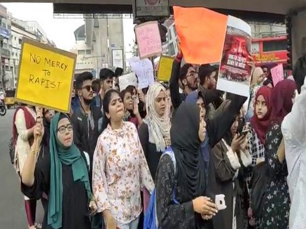 Students of Sultan-ul-Uloom educational institutions on Monday staging a protest march in Hyderabad. Photo/ANI