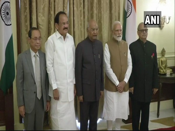 Right to Left: Justice Pinaki Chandra Ghose with Prime Minister, President, Vice President, and Chief Justice of India at Rashtrapati Bhavan on Saturday.