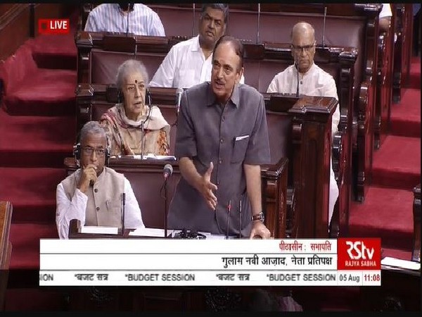 Leader of Opposition in Rajya Sabha Ghulam Nabi Azad speaking in the House on August 5. Image Courtesy: RS TV