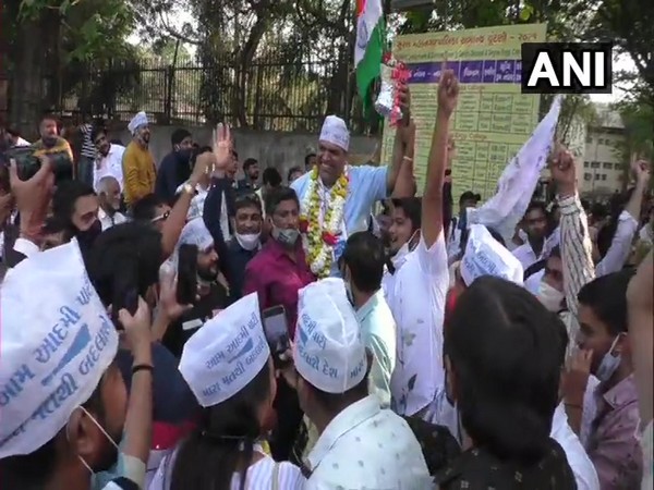 AAP party workers celebrating the Surat municipal poll victories on Tuesday.