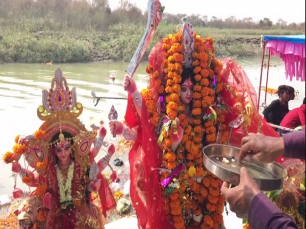 Idols of Goddess being taken for immersion in Ayodhya on Sunday. Photo/ANI