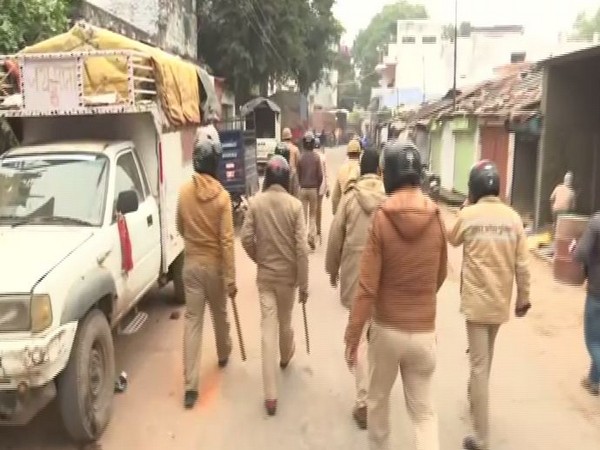 Gorakhpur Police carries out a flag march in the Kotwali area on Tuesday