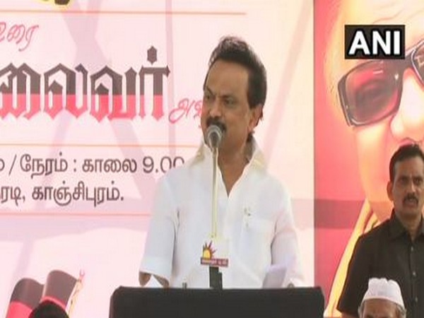 Dravida Munnetra Kazhagam president MK Stalin speaking at a protest in Tamil Nadu's Kanchipuram on Tuesday. Photo/ANI