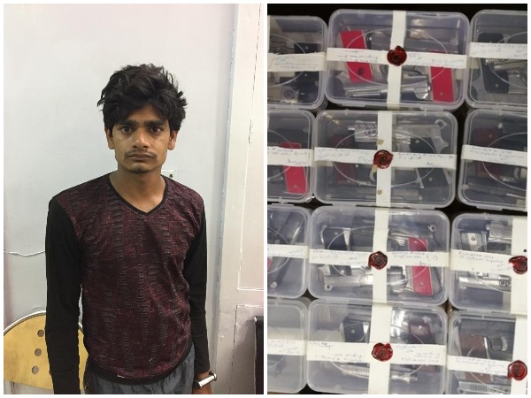 Arrested alleged arms trafficker Kehri, left, along with the recoveries made by the police, right. Photo/ANI