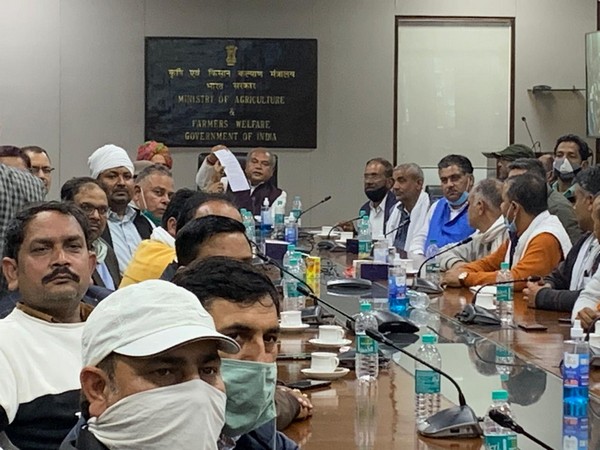 Union Agriculture Minister Narendra Singh Tomar with farmer leaders during the meeting. (Photo/ANI)