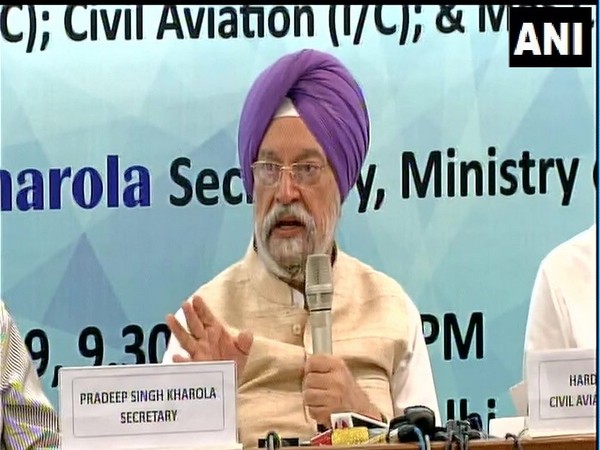 Union Civil Aviation Minister Hardeep Singh Puri addressing press conference at New Delhi on Thursday 