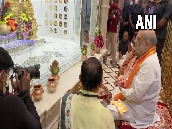 Union Home Minister Amit Shah at temple in Salangpur (Photo/ANI)