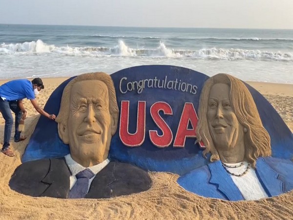 Sand artist Sudarsan Pattnaik on Sunday created 25 feet-long sculpture of US President-elect Joe Biden and Vice President-elect Kamala Harris in Puri.