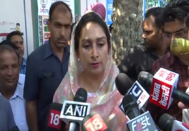 Union minister Harsimrat Kaur Badal speaking to media in Sri Muktsar Sahib, Punjab on Sunday Photo/ANI.