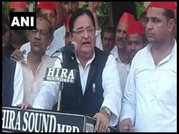 Samajwadi Party MP S T Hasan addressing a public gathering on Tuesday. Photo/ANI