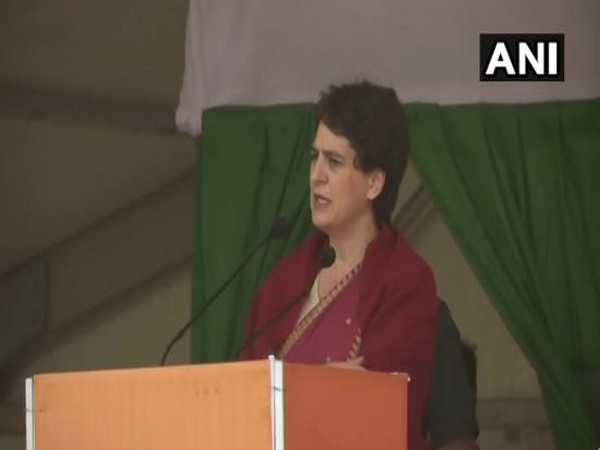 Congress leader Priyanka Gandhi Vadra addressing an election rally in Pakur on Wednesday. Photo/ANI 