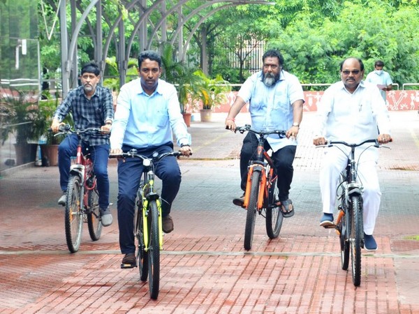 Commissioner GVMC Dr G Lakshmisha commuted from his residence to GVMC by bicycle (Photo/ANI)