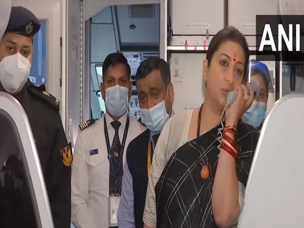 Visual of Union Minister Smriti Irani welcoming the Indian nationals in New Delhi (Photo/ANI) 