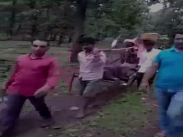 Health Department officials carrying a patient on a 'charpai'. Photo/ANI