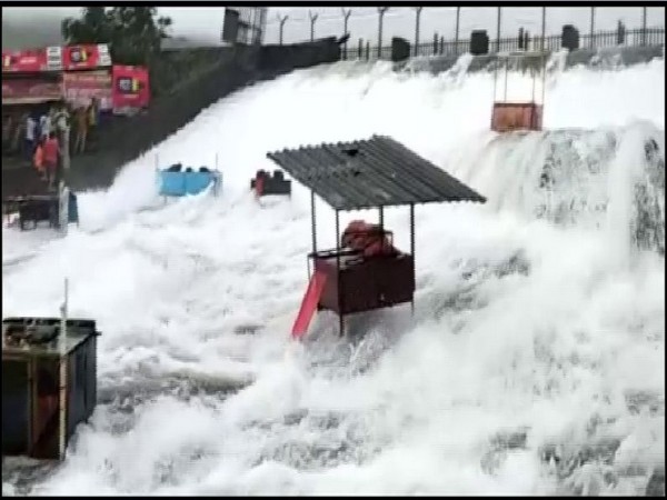 The Bhushi dam overflowing in lonavala due to excessive rainfall. Photo/ANI