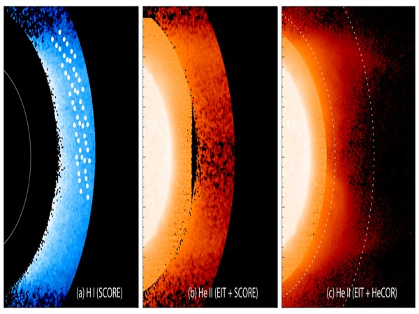 Image of the Sun showing the hydrogen (left) and helium (centre and right) in the low corona (Image Source: NASA)