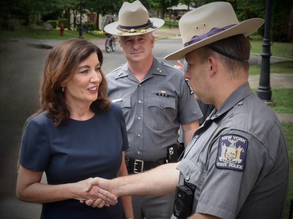 New York Governor Kathy Hochul with trooper who arrested Salman Rushdie's attacker. (Twitter/NYSP)