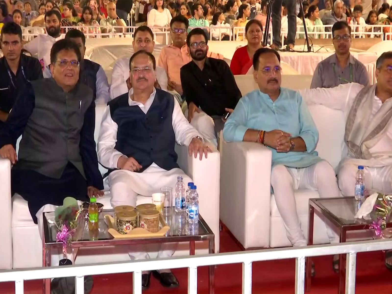 Union Minister's JP Nadda and Piyush Goyal, Delhi BJP president Virendraa Sachdeva and Delhi Minister Parvesh Verma attends the Ramleela celebrations at the Ramlila Maidan in Delhi (Photo/ANI)