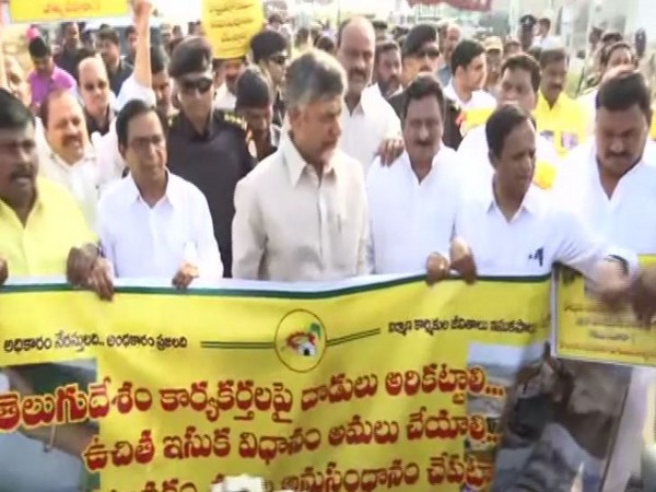 TDP chief N Chandrababu Naidu held a protest march towards Andhra Pradesh Assembly on Tuesday. Photo/ANI